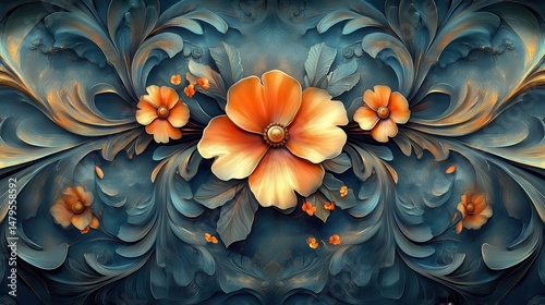 Colorful floral design with intricate details showcases vibrant blooms against a textured backdrop