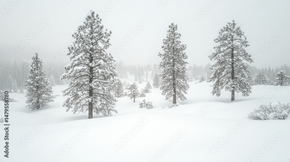 Obraz premium Snowy Pine Trees Stand Tall in Winter Landscape Scenic Vista Wide Angle Shot in Sierra Nevada Mountains