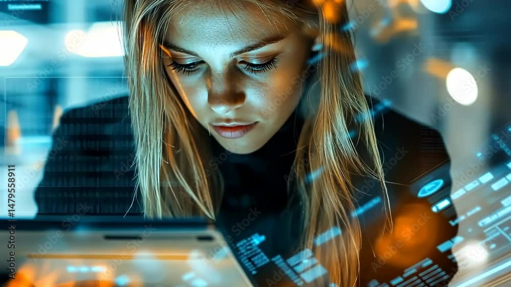Young woman with long blonde hair, focused on tablet screen, surrounded by digital interface elements, showcasing technology and innovation in a modern workspace environment, Generative 4k video
