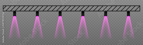 Purple spotlight. Hanging fixtures with vivid green beams, ideal for show lighting, club visuals, and themed performance designs on transparent background.