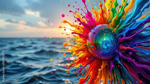 vibrant dynamic scene where colorful swirling sphere emerges from ocean surrounded splashes of paint spectrum of colors. sphere appears to blend of blues purples greens oranges creating...