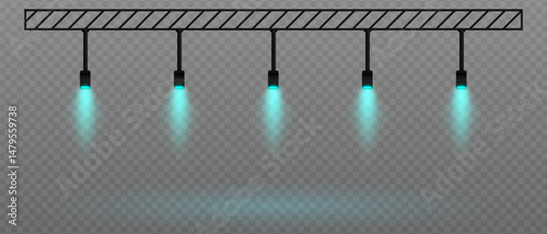 Blue soft spotlight. Straight ceiling lights with diffused white glow. Great for galleries, minimalist interiors, and exhibition setups on transparent background.