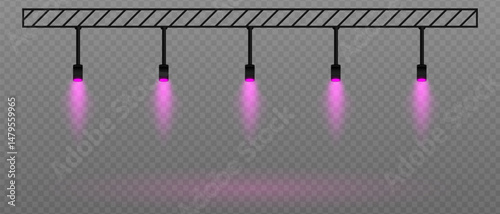 Purple soft spotlight. Straight ceiling lights with diffused white glow. Great for galleries, minimalist interiors, and exhibition setups on transparent background.