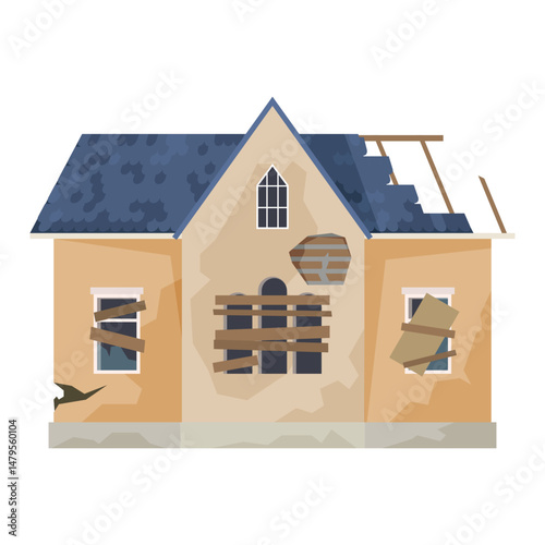 Illustration of an abandoned house with boarded up windows and partially collapsed roof on a white background.