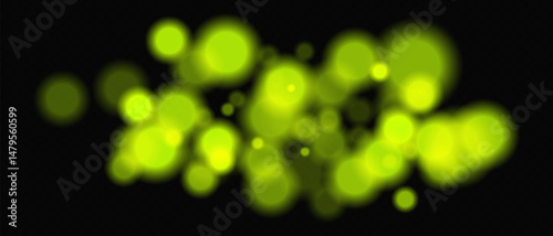 Bright green circular bokeh lights with intense blur. Festive digital particles and abstract glowing firelight over dark background.