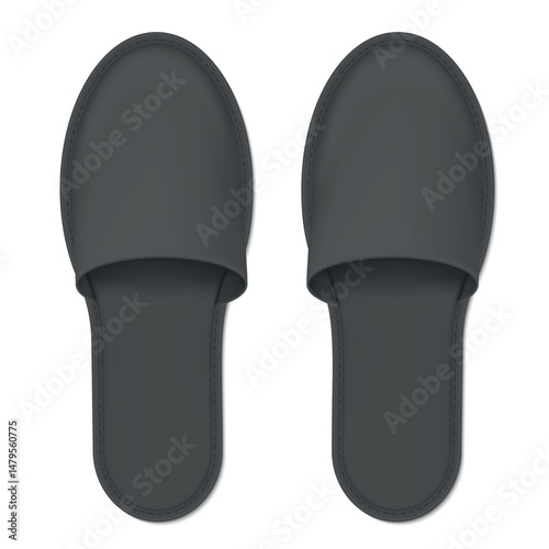 Black hotel slippers on white background designed for comfort and relaxation in hospitality environments