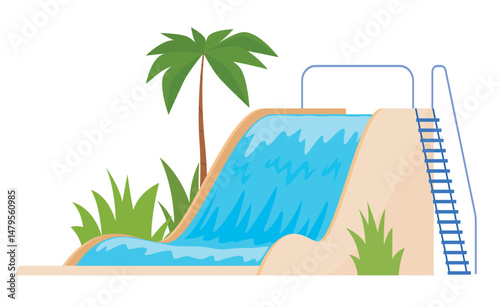 Bright and vibrant children s water slide designed for outdoor play, complete with splashing water, palm trees, and lush vegetation. Ideal for summer fun and family activities.