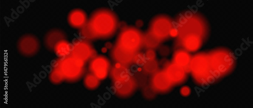 Bright red circular bokeh lights with intense blur. Festive digital particles and abstract glowing firelight over dark background.