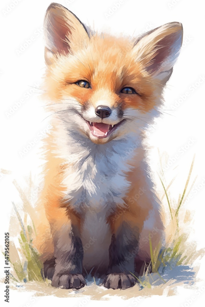 Obraz premium Adorable fox kit, smiling, sits in grass