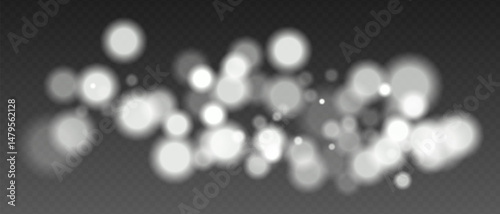 White glowing bokeh lights with blur and transparency. Abstract festive light spots, digital sparkles and warm visual accents.