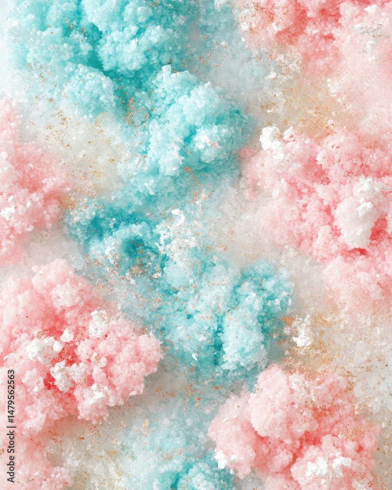 Fototapeta premium Aerial view of pastel sugar crystals in pink and blue with gold glitter accents for a sweet and festive background