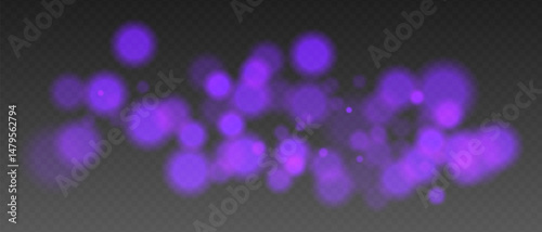 Purple glowing bokeh lights with blur and transparency. Abstract festive light spots, digital sparkles and warm visual accents.