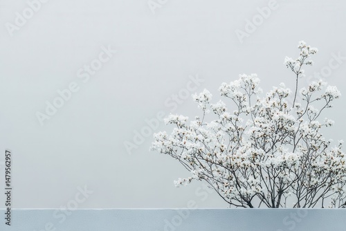 Blossoming branches in a ceramic vase cast shadows on a sunlit interior wall in a peaceful and serene room