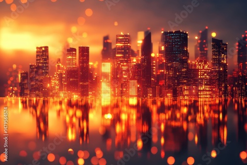 Captivating sunset over a bustling city skyline with shimmering reflections in the water during twilight hours