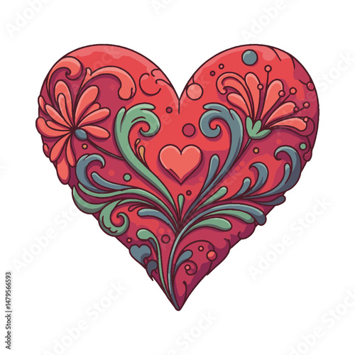 Heart's Floral Tapestry: Intricate floral design bursts from a central heart, symbolizing love, affection, and tenderness in a beautiful, vibrant design.