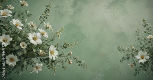 Muted green floral grunge background  Subtle texture, faded blooms , muted, subtle
