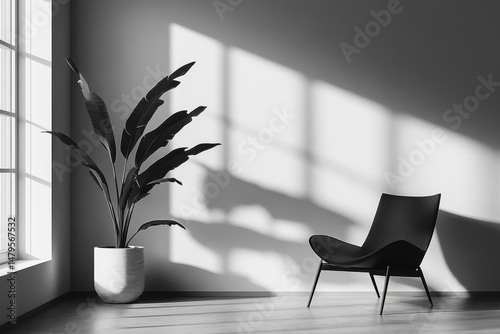 Elegant indoor plant with distinctive shadows in a sunlit corner of a modern minimalist room