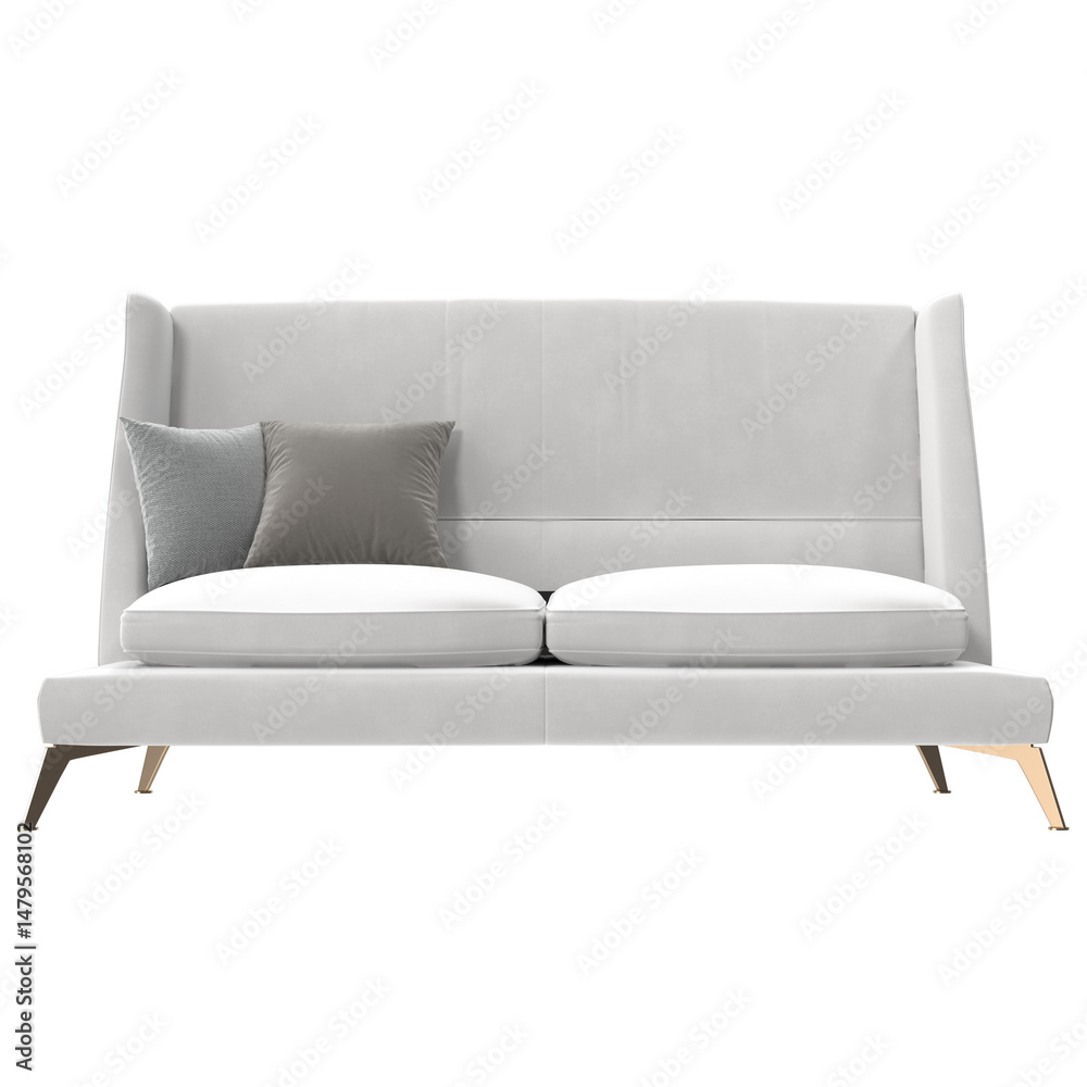 Fototapeta premium White high-back sofa with mixed pillows front view isolated..