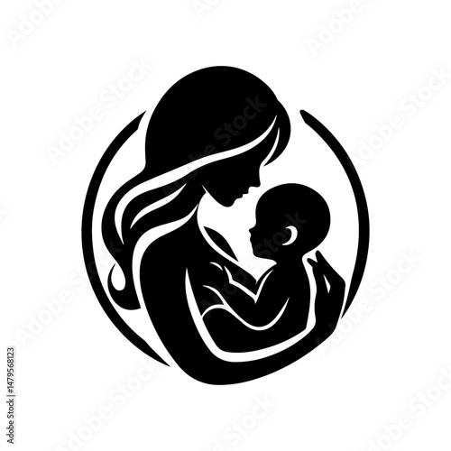 Black and white vector artwork depicting a mother with long hair holding her sleeping baby lovingly