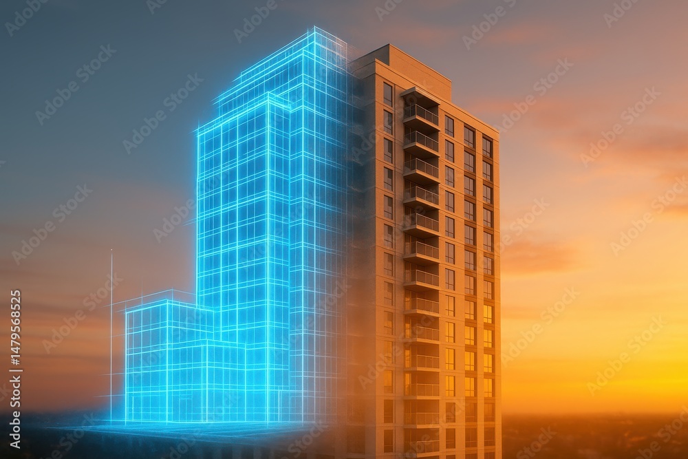 Fototapeta premium Modern high-rise building with digital blueprint overlay — concept of smart architecture and real estate development — glowing wireframe structure at sunset.