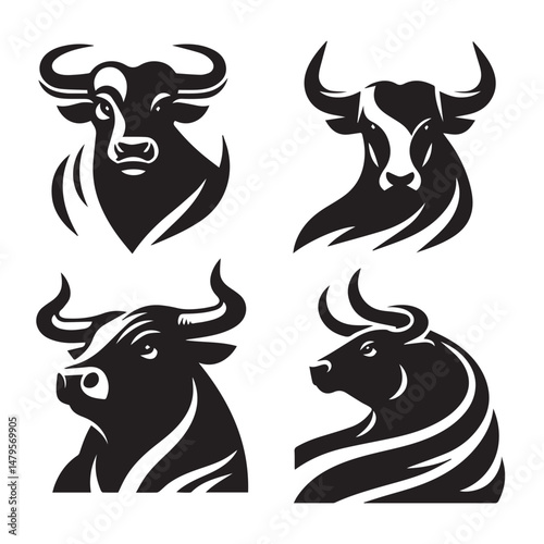 black Set of vector black silhouettes of bull icon isolated on a white background