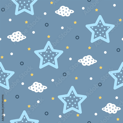 Star with cloud hand drawn, seamless design for print on fabric and other uses.