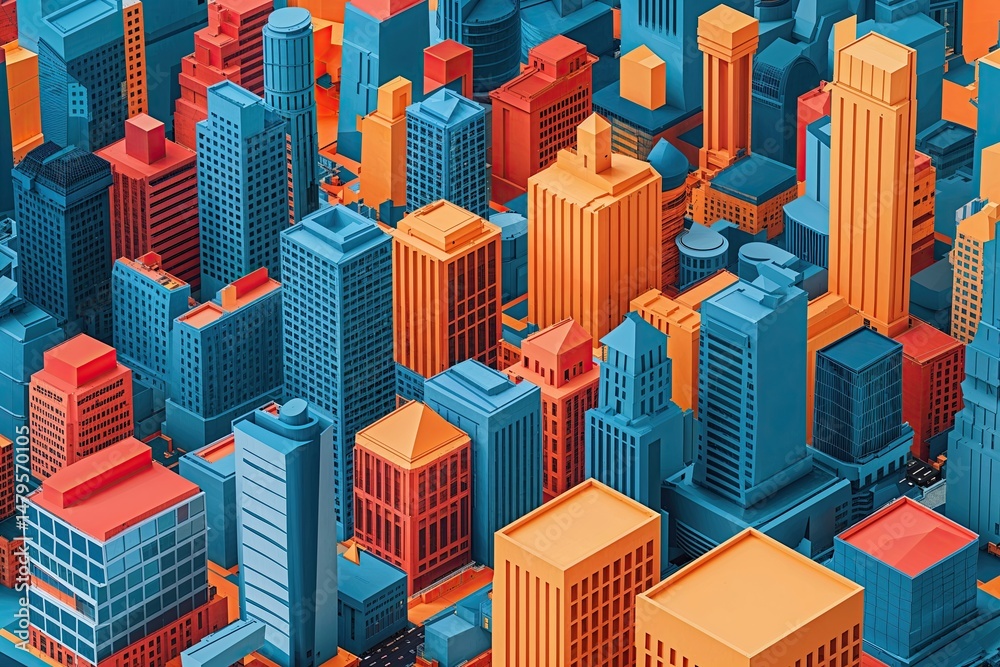 Obraz premium Vibrant Three-Dimensional Cityscape Model: Graphic Representation of Urban Architecture