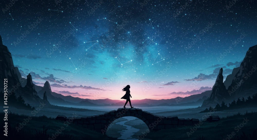 Fototapeta premium A girl strolls across a stone bridge at dawn, under a starlit sky