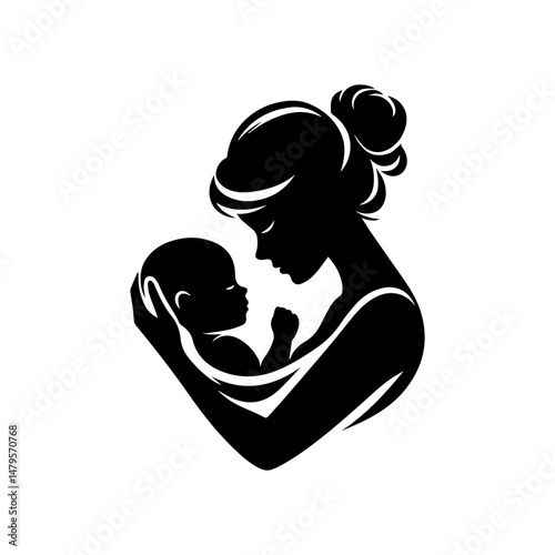 Elegant black and white illustration of a mother tenderly cradling her sleeping baby, embodying maternal love