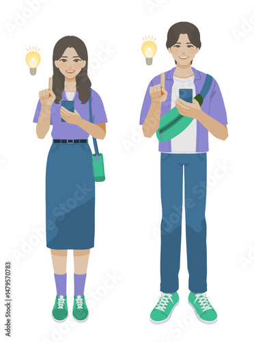 スマホを持ってひらめく女性と男性のイラスト