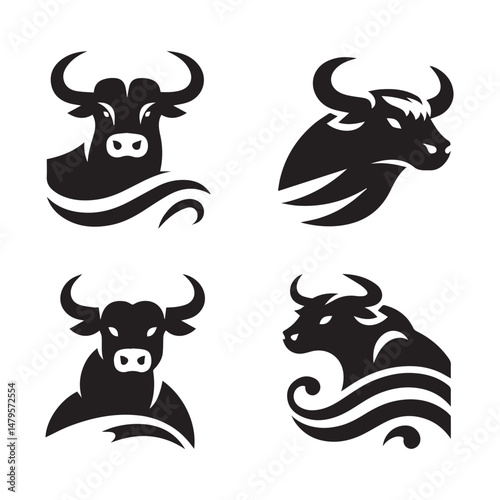 black Set of vector black silhouettes of bull icon isolated on a white background