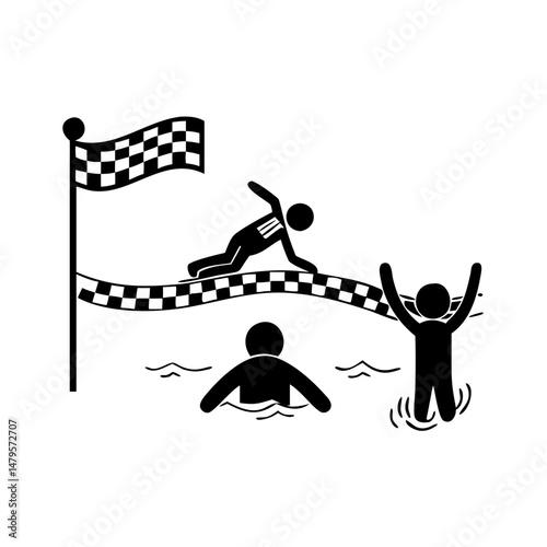 Aquatic race with competitor touching finishing line and cheering audience present