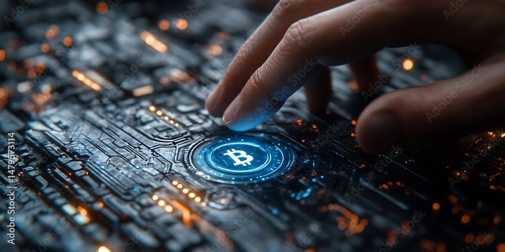 Fototapeta premium Futuristic interface with glowing bitcoin symbol
