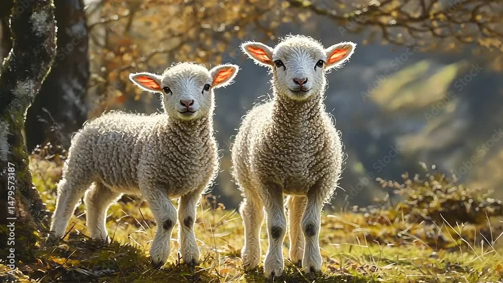Two adorable lambs playfully standing in a sunlit meadow with trees in the background Two adorable lambs playfully standing in a sunlit meadow with trees in the background