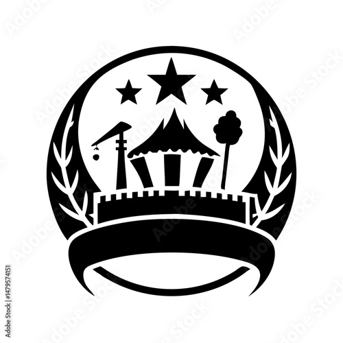 Stylized carnival scene with stars, tent, and blank banner emblem