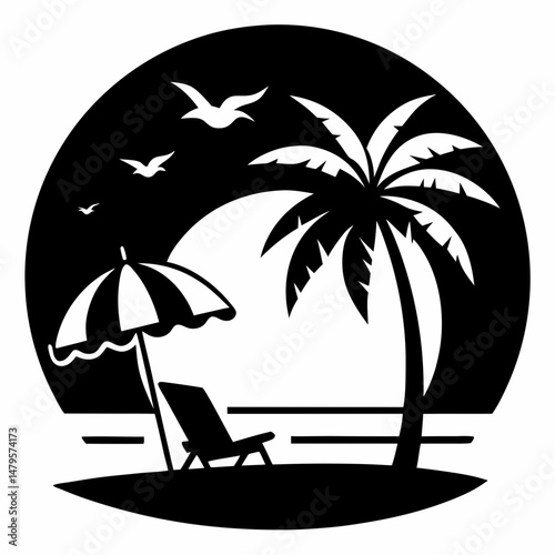 Beach scene palm trees silhouette black and white vector art illustration