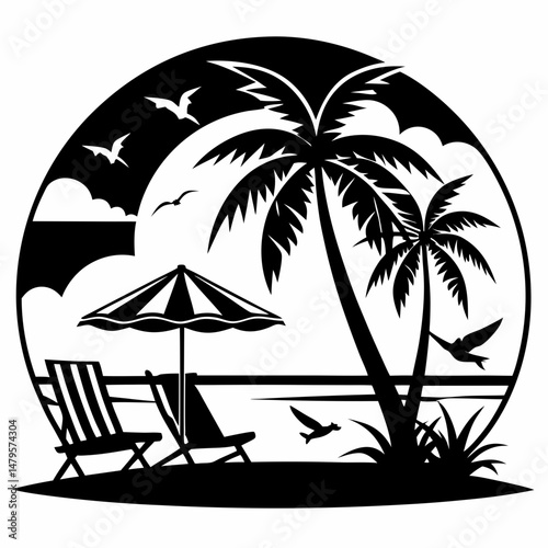Beach scene palm trees silhouette black and white vector art illustration