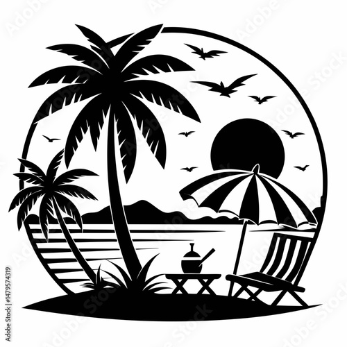Beach scene palm trees silhouette black and white vector art illustration