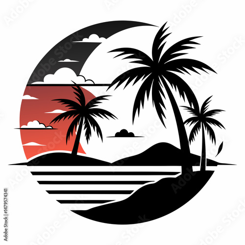 Beach scene palm trees silhouette black and white vector art illustration