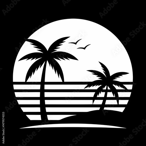 Beach scene palm trees silhouette black and white vector art illustration