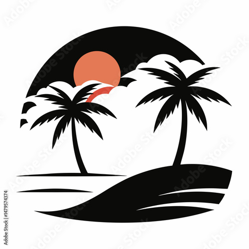 Beach scene palm trees silhouette black and white vector art illustration