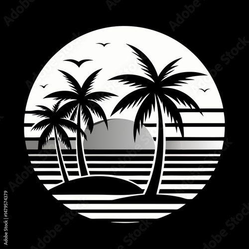 Beach scene palm trees silhouette black and white vector art illustration