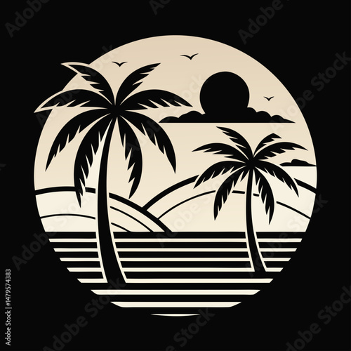 Beach scene palm trees silhouette black and white vector art illustration