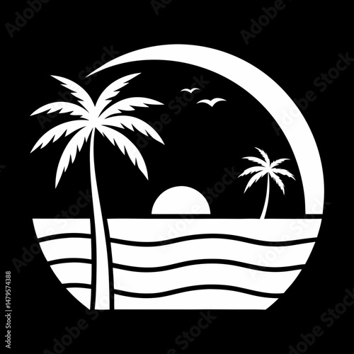 Beach scene palm trees silhouette black and white vector art illustration