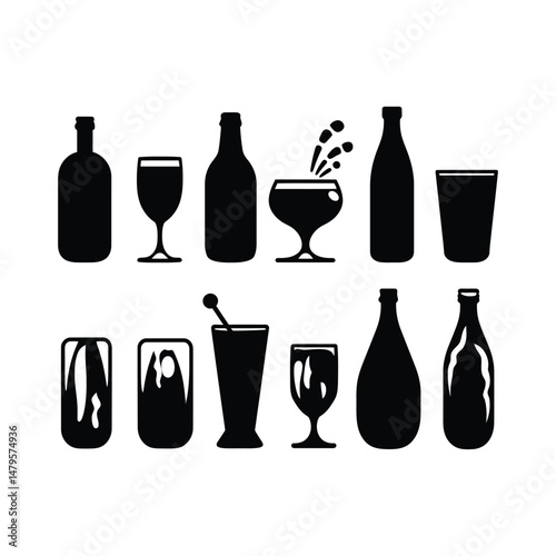 Beverages Silhouette Clipart on White Background