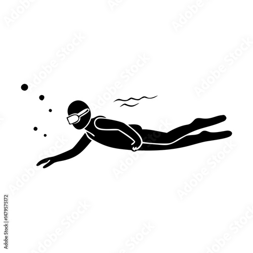 Black silhouette of a swimmer wearing goggles underwater with bubbles around