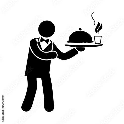 Elegant waiter holding a tray with food and hot beverage icon pictogram