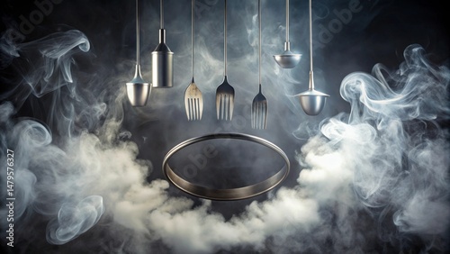 Mysterious culinary enigma suspended silverware and vessels amidst swirling smoke, creating an abstract gastronomic scene.