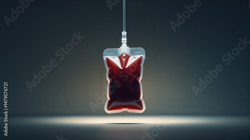 Blood bag suspended in a dark medical environment illuminated by soft light