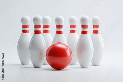 Bowling ball and skittles on a white background, close-up